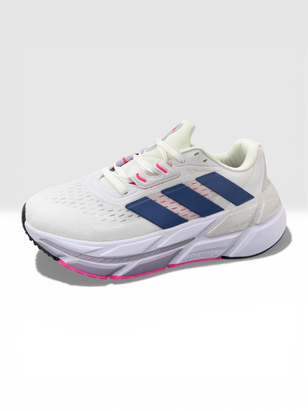 Adidas Adistar 20 Cloud White with Altered Blue Stripes and Lucid Fuchsia