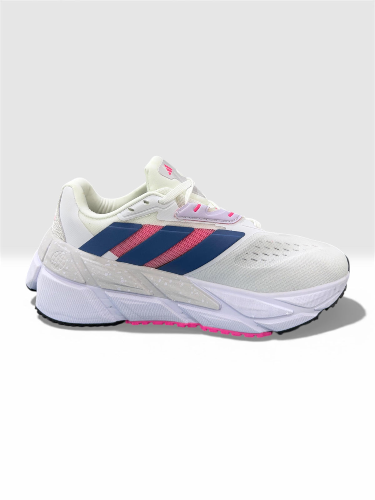 Adidas Adistar 20 Cloud White with Altered Blue Stripes and Lucid Fuchsia